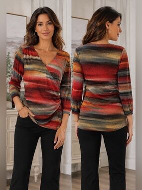 LAURA Petites multicoloured longsleeve wrap blouse Sz L stretchy